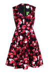 V-neck Polyester Flared-Skirt Sleeveless Cocktail Floral Print Pleated Back Zipper Fall Dress