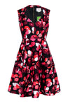 V-neck Cocktail Polyester Sleeveless Flared-Skirt Fall Back Zipper Pleated Floral Print Dress