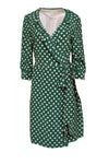 V-neck Polka Dots Print Snap Closure Wrap Vintage Tie Waist Waistline Dress With Ruffles