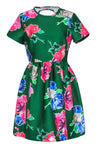 Fit-and-Flare Floral Print Polyester Fitted Hidden Side Zipper Keyhole Short Sleeves Sleeves Dress