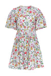 Fit-and-Flare Crew Neck Floral Print Fitted Pocketed Pleated Gathered Hidden Back Zipper Elbow Length Sleeves Dress