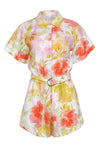 Floral Print Elasticized Waistline Collared Button Front Pocketed Belted Linen Short Sleeves Sleeves Romper