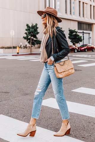 leather jacket and jeans fall date night outfit
