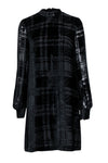 Shift Cocktail Mock Neck Plaid Print Sheer Sleeves Hidden Back Zipper Evening Dress/Party Dress