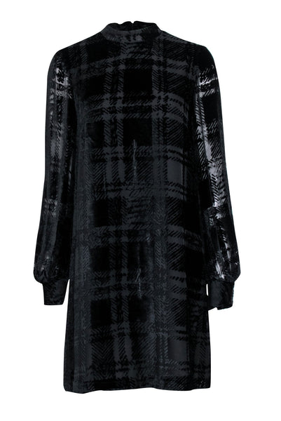 Shift Plaid Print Cocktail Sheer Sleeves Mock Neck Hidden Back Zipper Evening Dress/Party Dress