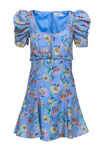 Ruched Hidden Back Zipper Polyester Babydoll Flutter Puff Sleeves Sleeves Scoop Neck Floral Print Short Dress