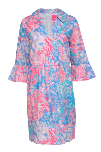 V-neck Cocktail Hidden Back Zipper Floral Print 3/4 Sleeves Collared Beach Dress/Tunic