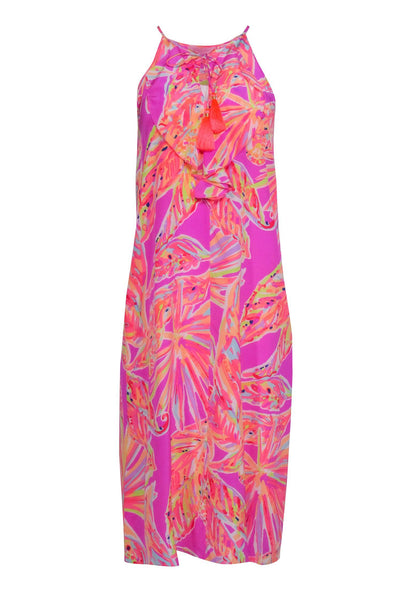 V-neck Silk Abstract Print Beach Dress/Maxi Dress With Ruffles