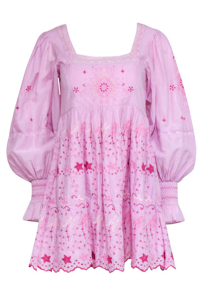 Back Zipper Embroidered Vintage Puff Sleeves Sleeves Short Fall Smocked Square Neck Babydoll Floral Print Dress