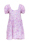 Puff Sleeves Short Sleeves Sleeves Button Front Slit Pocketed Floral Print Cotton Short Dress