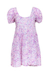 Floral Print Puff Sleeves Short Sleeves Sleeves Short Button Front Pocketed Slit Cotton Dress