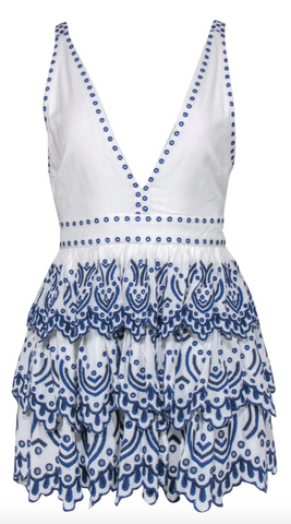Lovers + Friends - White Ruffled Mini Plunge Dress w/ Blue Embroidery