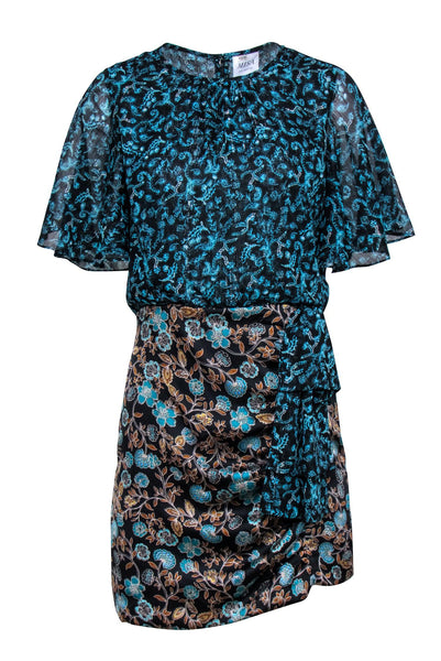 Floral Print Flutter Sleeves Hidden Back Zipper Self Tie Polyester Dress