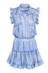 Short Pocketed Button Front Tiered Viscose General Print Elasticized Waistline Dress With Ruffles