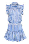 General Print Viscose Short Button Front Pocketed Tiered Elasticized Waistline Dress With Ruffles