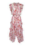 V-neck Tiered Button Closure Elasticized Waistline Floral Print Midi Dress With Ruffles