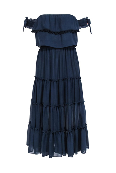 Viscose Off the Shoulder Tiered Semi Sheer Midi Dress With Ruffles