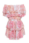 Ruffle Trim Tiered General Print Flutter Sleeves Off the Shoulder Smocked Summer Elasticized Waistline Dress