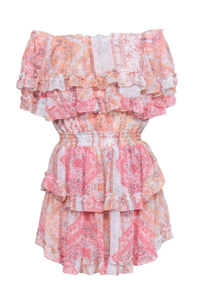 General Print Summer Tiered Smocked Flutter Sleeves Off the Shoulder Elasticized Waistline Ruffle Trim Dress