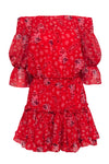 Short Semi Sheer Smocked Elasticized Waistline Viscose Floral Paisley Print Sheer Sleeves Off the Shoulder Dress