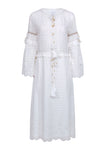 V-neck Drawstring Embroidered Long Sleeves Summer Maxi Dress With Ruffles