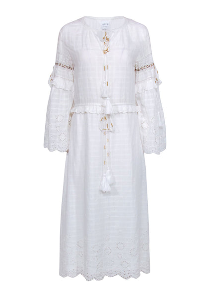 V-neck Drawstring Embroidered Summer Long Sleeves Maxi Dress With Ruffles