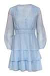 V-neck Short Button Front Pleated Tiered Long Sleeves Dress With Ruffles