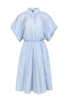 A-line Striped Print Button Front Elasticized Waistline Short Sleeves Sleeves Shirt Midi Dress