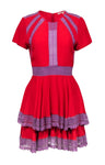 A-line Crew Neck Spring Hidden Back Zipper Tiered Lace Trim Short Sleeves Sleeves Short Dress With Ruffles