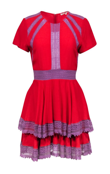 A-line Lace Trim Crew Neck Hidden Back Zipper Tiered Short Short Sleeves Sleeves Spring Dress With Ruffles