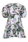 V-neck Pleated Pocketed Puff Sleeves Sleeves Collared Floral Print Babydoll Short Cotton Empire Waistline Dress