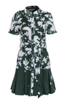Collared Cotton Floral Print Short Sleeves Sleeves Belted Button Front Pleated Dress With a Sash