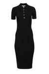 V-neck Collared Short Sleeves Sleeves Ribbed Button Front Midi Dress