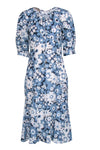 V-neck Floral Print Hidden Back Zipper Elbow Length Sleeves Midi Dress