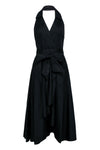 Sophisticated A-line V-neck Collared Halter Open-Back Self Tie Backless Pocketed Pleated Dress With a Sash