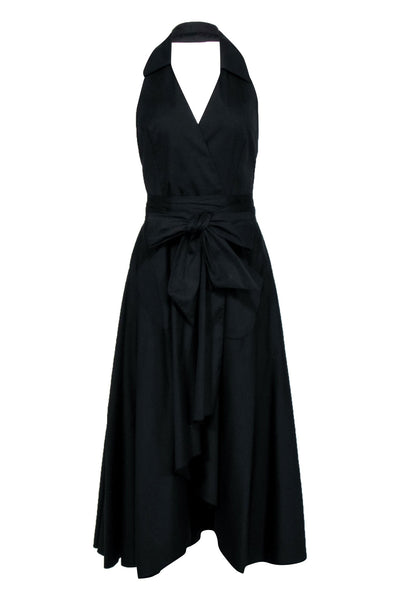 Sophisticated A-line V-neck Collared Halter Backless Pocketed Self Tie Open-Back Pleated Dress With a Sash