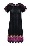 Semi Sheer Knit Bateau Neck Ruffle Trim Short Sleeves Sleeves General Print Little Black Dress