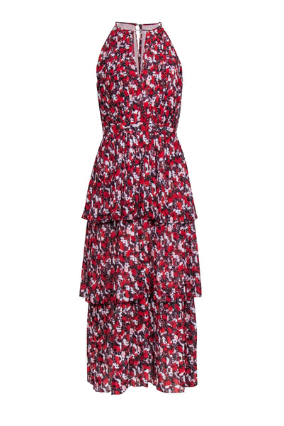 Summer Sleeveless Hidden Side Zipper Keyhole Tiered Floral Print Polyester Maxi Dress With Ruffles