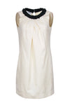 Short Beaded Pleated Button Closure Wool Swing-Skirt Collared Sleeveless Dress