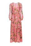 V-neck Sheer Long Sleeves Empire Waistline Floral Print Silk Spring Sheer Hidden Back Zipper Banding Maxi Dress