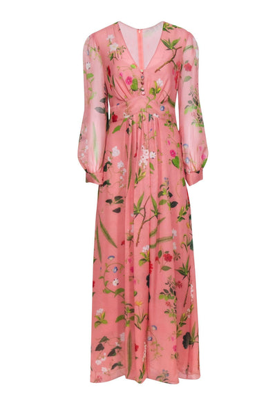 V-neck Floral Print Silk Sheer Long Sleeves Spring Hidden Back Zipper Banding Sheer Empire Waistline Maxi Dress