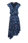 V-neck Smocked Snap Closure Flutter Sleeves Elasticized Tie Waist Waistline Floral Print Midi Dress With Ruffles