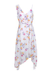 Hidden Back Zipper Asymmetric Pleated Floral Print Polyester Slip Dress/Midi Dress