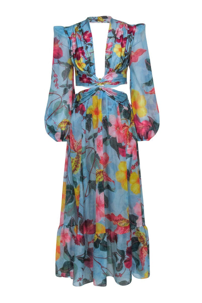 Slit Snap Closure Cutout Polyester Floral Print Plunging Neck Bodysuit/Maxi Dress