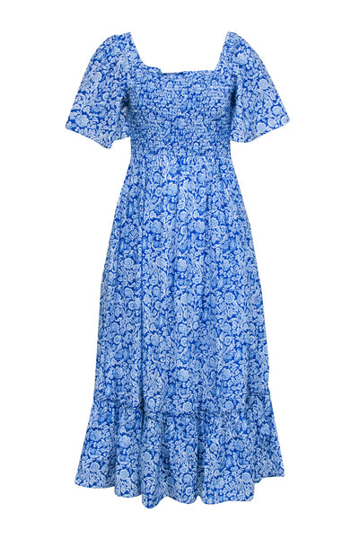 Slit Pocketed Floral Print Cotton Flutter Short Sleeves Sleeves Summer Smocked Maxi Dress