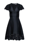 V-neck Cap Sleeves Hidden Back Zipper Silk Beaded Trim Dress