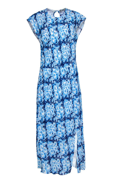 Floral Print Viscose Cap Sleeves Hidden Side Zipper Slit Button Closure Midi Dress
