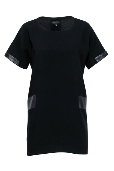 Scoop Neck Pleated Shift Leather Trim Short Sleeves Sleeves Little Black Dress