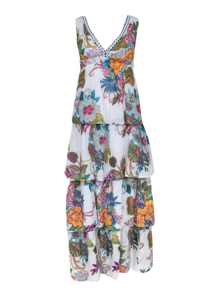 Tall Summer Elasticized Empire Waistline Tiered Floral Print Metallic Beach Dress/Maxi Dress