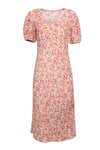 A-line V-neck Flutter Puff Sleeves Short Sleeves Sleeves Spring Hidden Side Zipper Slit Floral Print Midi Dress